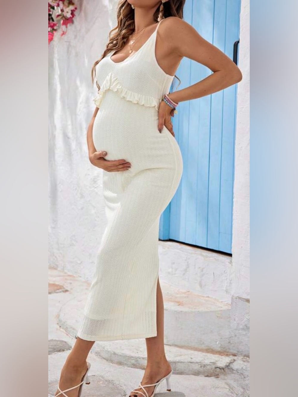 SHEIN Cream Ribbed Maternity Maxi Skirt with Side Slit